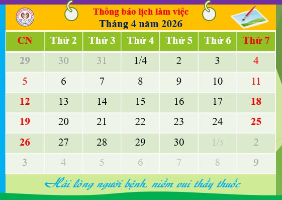 Lịch làm việc Bác sĩ khối lâm sàng từ ngày 27 tháng 4 đến ngày 03 tháng 5 năm 2026