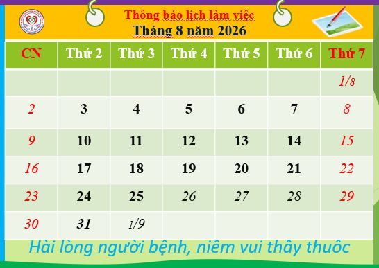 Lịch làm việc Bác sĩ khối lâm sàng từ ngày 31_8 đến 6_9_2026