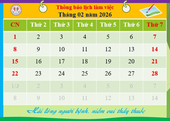 Lịch làm việc Bác sĩ khối lâm sàng từ ngày 9 tháng 02 đến ngày 15 tháng 02 năm 2026