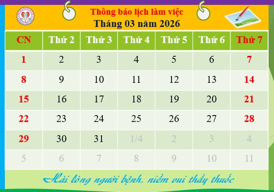 Lịch làm việc Bác sĩ khối lâm sàng từ ngày 16 tháng 3 đến ngày 22 tháng 3 năm 2026