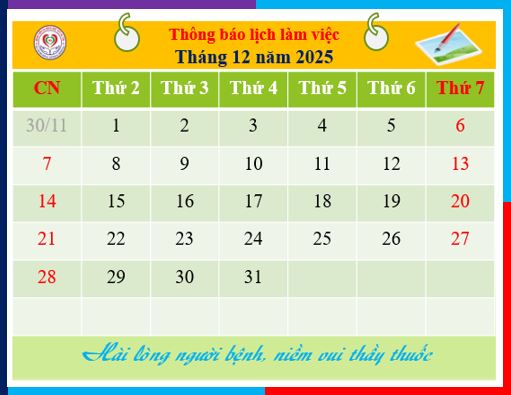 Lịch làm việc Bác sĩ khối lâm sàng từ ngày 15 tháng 12 đến ngày 21 tháng 12 năm 2025