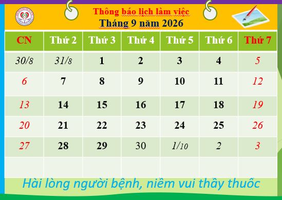 Lịch làm việc Bác sĩ khối lâm sàng từ ngày 7 tháng 9 đến ngày 13 tháng 9 năm 2026